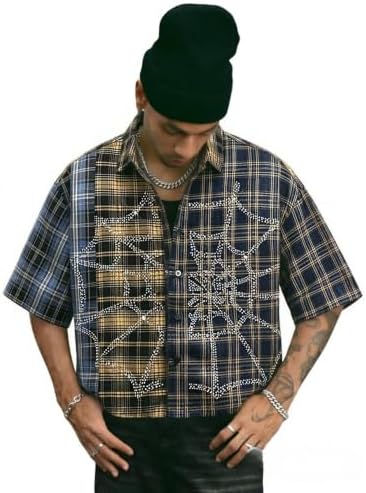 Men's Plaid Cropped Shirt Y2K Button Up Grunge Boxy Top, Rhinestone Yellow
