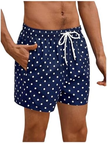 Men's Polka Dots Swim Trunks Drawstring Waist Beach Shorts, Dark Blue