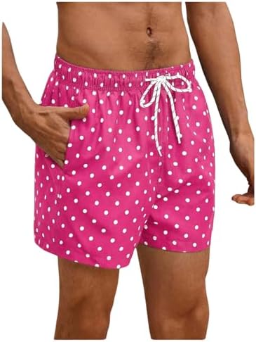 Men's Polka Dots Swim Trunks Drawstring Waist Beach Shorts, Hot Pink
