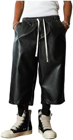 Men's PU Leather Shorts Hip Hop Capris Wide Leg Bermuda Shorts with Pockets