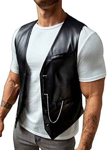 Men's PU Leather Sleeveless Motorcycle Biker Vest Jacket Black L