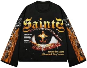 Men's Rhinestone Graphic Tees Long Sleeve Y2K Tee Shirts, Black And Orange