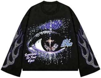 Men's Rhinestone Graphic Tees Long Sleeve Y2K Tee Shirts, Black And Purple