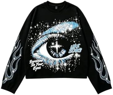 Men's Rhinestone Graphic Tees Long Sleeve Y2K Tee Shirts, Black And Blue