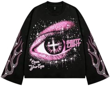 Men's Rhinestone Graphic Tees Long Sleeve Y2K Tee Shirts, Black And Pink