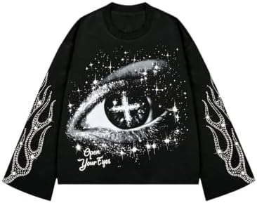 Men's Rhinestone Graphic Tees Long Sleeve Y2K Tee Shirts, Black And White