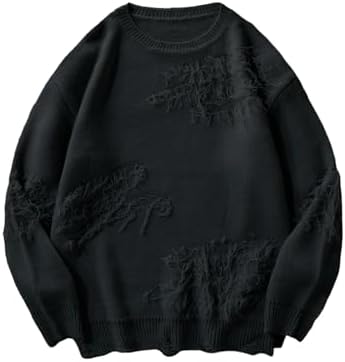 Men's Ripped Distressed Sweater Crew Neck Pullover Tops, Black