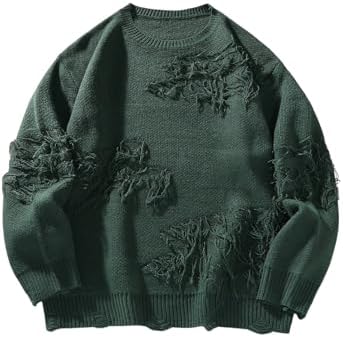 Men's Ripped Distressed Sweater Crew Neck Pullover Tops Streetwear