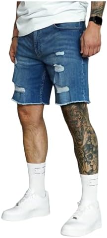 Men's Ripped Jorts Raw Trim Straight Leg Casual Denim Jean, Deep Blue