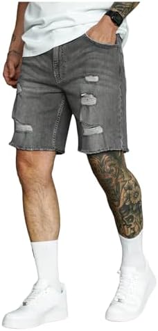 Men's Ripped Jorts Raw Trim Straight Leg Casual Denim Jean, Grey