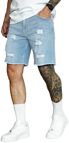 Men's Ripped Jorts Raw Trim Straight Leg Casual Denim Jean Shorts Blue 34