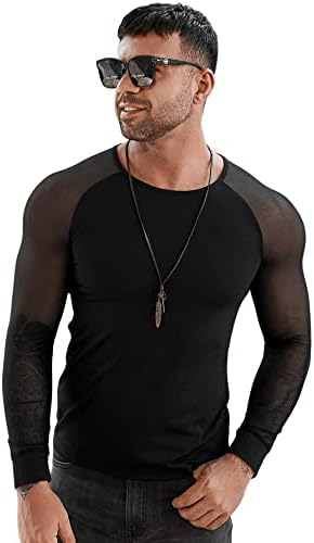 Men's Round Neck Mesh Long Sleeve Slim Fit Semi Sheer Tee Shirt Clubwear Top