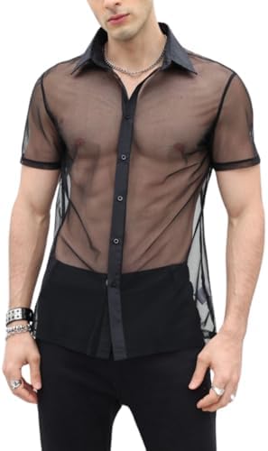 Men's Sheer Mesh Button Up Shirt See Through Short Sleeve Top Black M