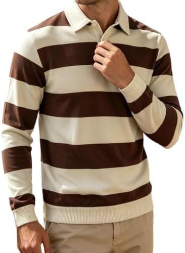 Men's Striped Golf Shirts Elegant Collared Tops Long Sleeve Shirts | Button