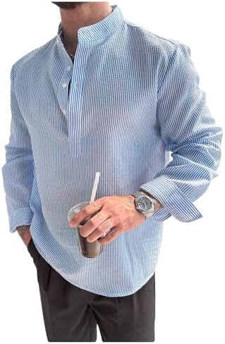 Men's Striped Half Button Up Shirts Long Sleeve Tops Elegant Outfits Blue