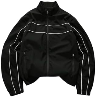 Men's Striped Zip Up Windbreak Jacket Streetwear Lightweight Crop Outerwear