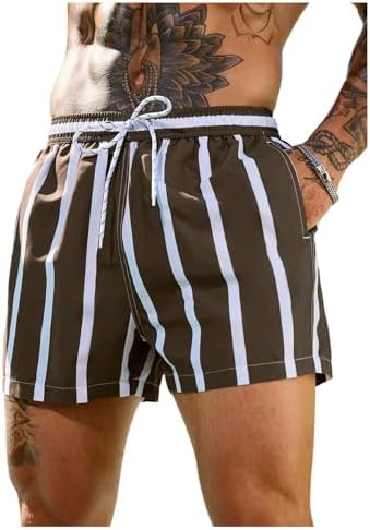 Men's Swim Trunks Striped Low Rise Hawaiian Beach Shorts, Brown
