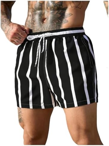 Men's Swim Trunks Striped Low Rise Hawaiian Beach Shorts, Black And White