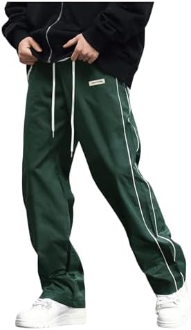 Men's Track Pants Straight Leg Parachute Pants with Pockets, Dark Green