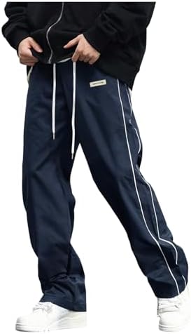 Men's Track Pants Straight Leg Parachute Pants with Pockets, Deep Blue