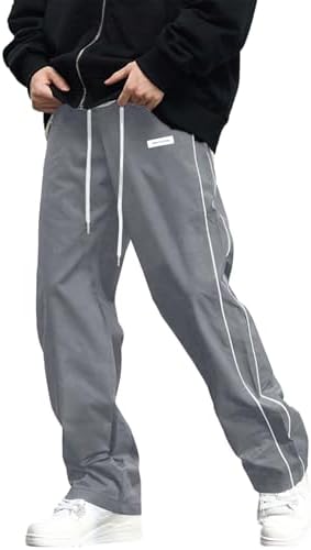 Men's Track Pants Straight Leg Parachute Pants with Pockets, Grey