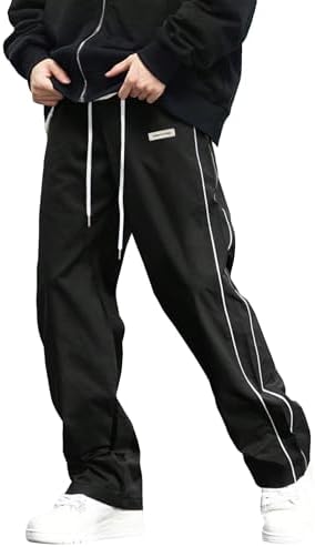Men's Track Pants Straight Leg Parachute Pants with Pockets Black