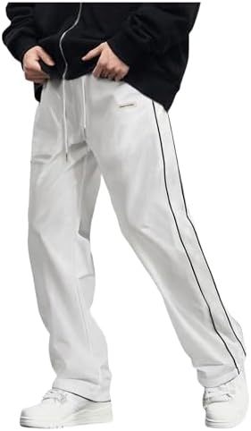 Men's Track Pants Straight Leg Parachute Pants with Pockets, White