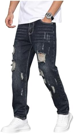 Men's Vintage Distressed Ripped Jeans Straight Leg Denim, Black Blue