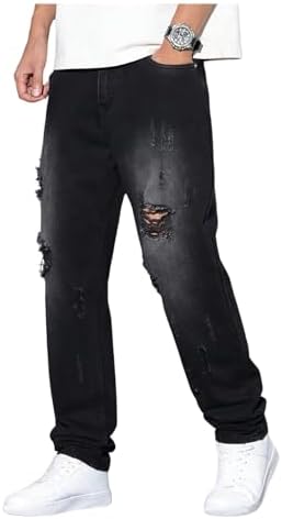 Men's Vintage Distressed Ripped Jeans Straight Leg Denim, Dark Black