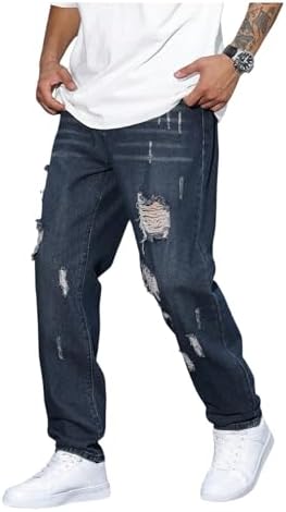 Men's Vintage Distressed Ripped Jeans Straight Leg Denim, Dark Blue