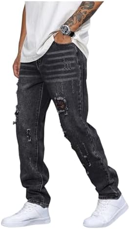 Men's Vintage Distressed Ripped Jeans Straight Leg Denim, Dark Grey