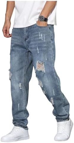 Men's Vintage Distressed Ripped Jeans Straight Leg Denim Pants with Pockets