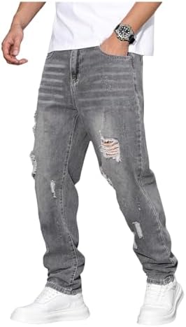 Men's Vintage Distressed Ripped Jeans Straight Leg Denim, Light Grey