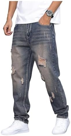 Men's Vintage Distressed Ripped Jeans Straight Leg Denim, Multicolor