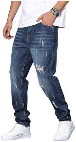 Men's Vintage Distressed Ripped Jeans Straight Leg Denim, Medium Blue