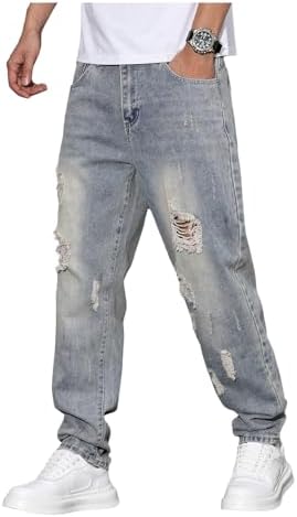 Men's Vintage Distressed Ripped Jeans Straight Leg Denim, Medium Wash