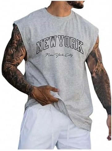 Men's Vintage Graphic Tees Men Letter Print Tank Tops Round, Light Grey