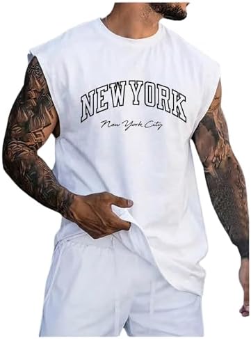 Men's Vintage Graphic Tees Men Letter Print Tank Tops Round, Pure White