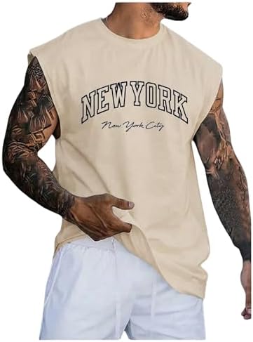 Men's Vintage Graphic Tees Men Letter Print Tank Tops Round, Apricot