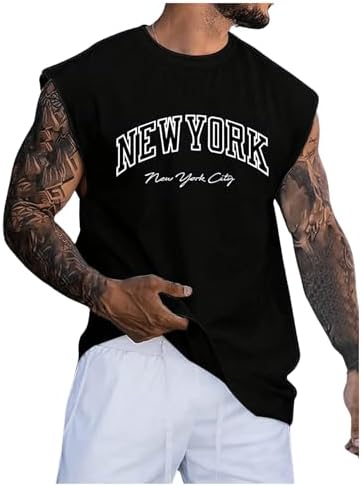 Men's Vintage Graphic Tees Men Letter Print Tank Tops Round Neck Sleeveless