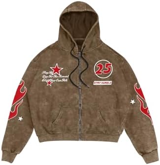 Men's Washed Graphic Hoodies Grunge Lightweight Zip Up, Coffee Brown