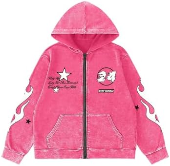 Men's Washed Graphic Hoodies Grunge Lightweight Zip Up, Hot Pink