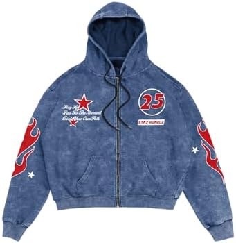 Men's Washed Graphic Hoodies Grunge Lightweight Zip Up, Blue