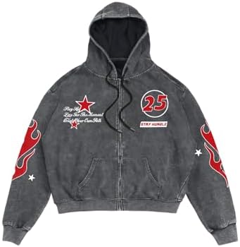 Men's Washed Graphic Hoodies Grunge Lightweight Zip Up, Grey