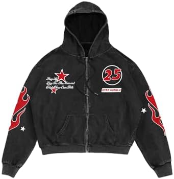 Men's Washed Graphic Hoodies Grunge Lightweight Zip Up Sweatshirt