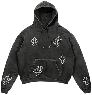 Men's Washed Graphic Hoodies Y2K Lightweight Sweatshirt, Black