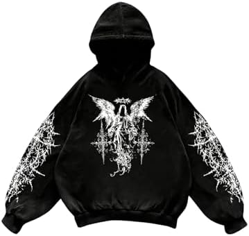 Men's Y2k Gothic Graphic Hoodie Sweatshirt Black | Long Sleeve, Fleece