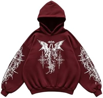 Men's Y2k Gothic Graphic Hoodie Sweatshirt Burgundy, Burgundy