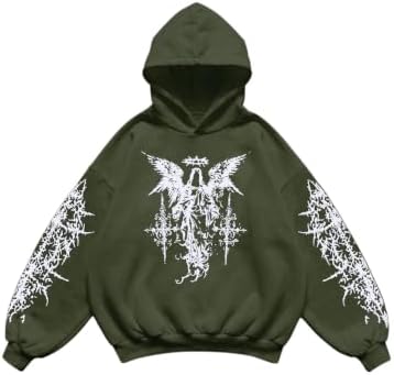 Men's Y2k Gothic Graphic Hoodie Sweatshirt Dark Green, Dark Green