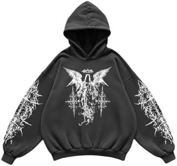 Men's Y2k Gothic Graphic Hoodie Sweatshirt Dark Grey, Dark Grey